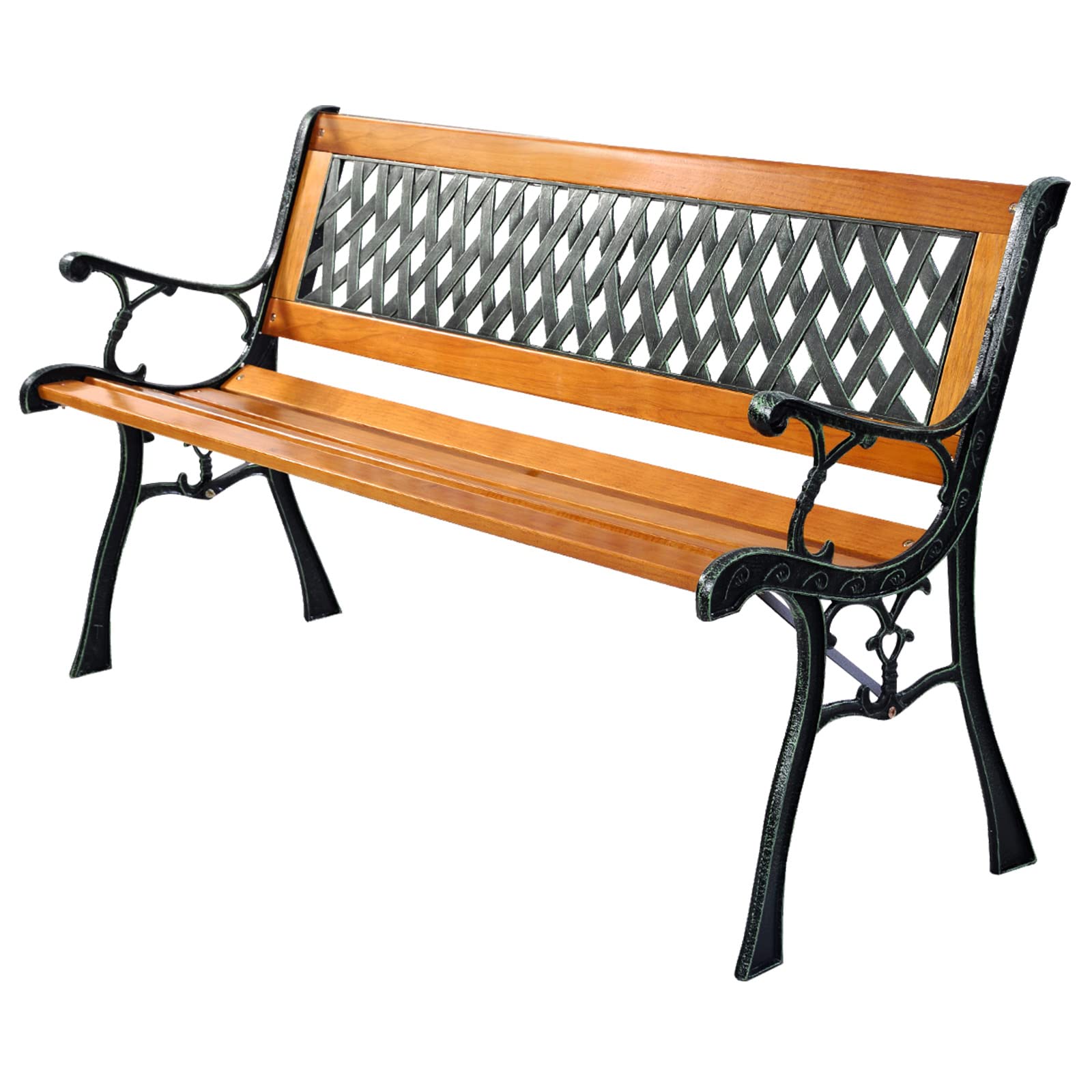 Tangkula Outdoor Garden Bench Park Bench, Patio Bench Chair with Cast Iron & Hardwood Structure